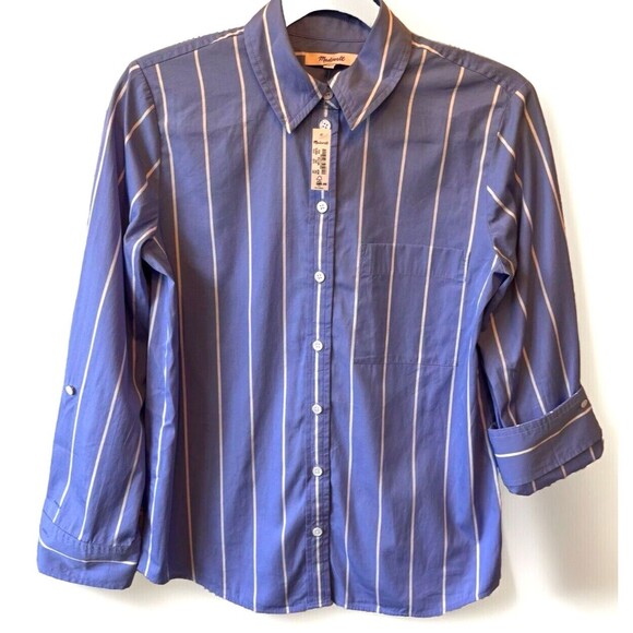 Madewell Maybel Top Womens XXS Blue Striped Button Up Adjustable Sleeves NWT NEW - Picture 1 of 14